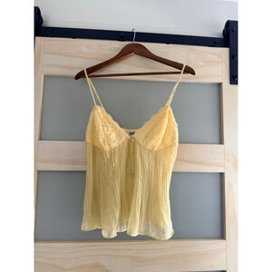Princess Polly Yellow Lace Pleated Cami Top | Sheer Babydoll Tank Blouse US 10